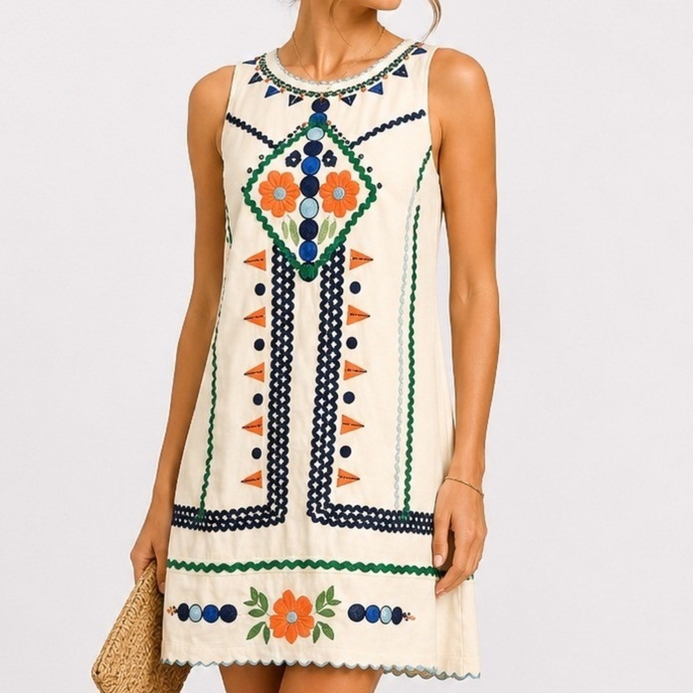Anthropologie‎ Postmark Boho Ecru White Embroidered Ric-Rac Shift Dress Size 4